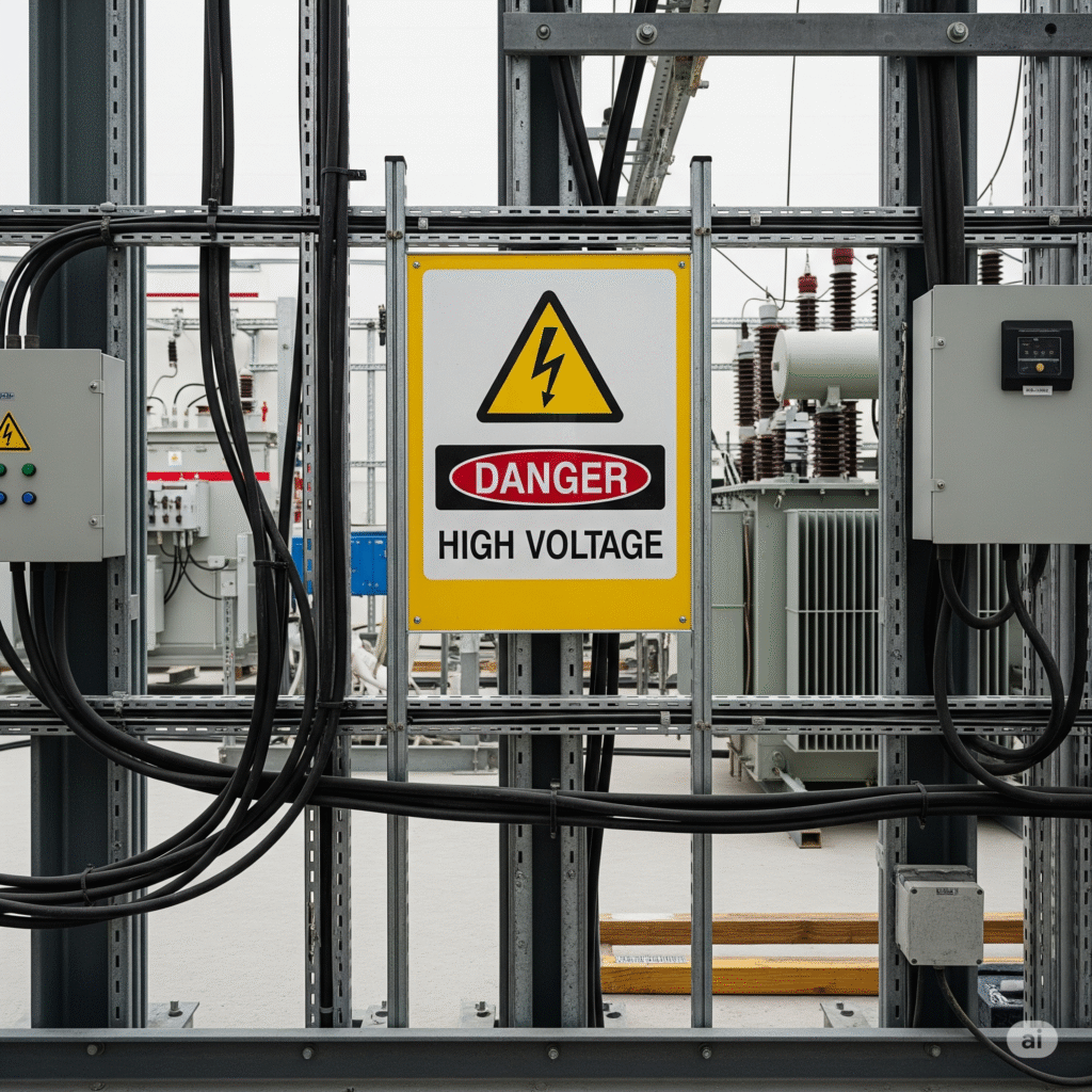 Señales de advertencia eléctrica: guía completa para identificar el símbolo universal de peligro y prevenir accidentes 4 Vista de múltiples rótulos de riesgo eléctrico en un panel de distribución industrial, incluyendo prohibición de ingreso y el pictograma de alta tensión.