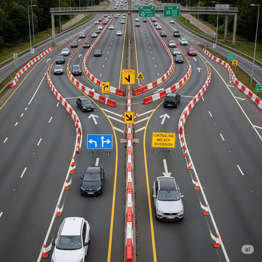 Vista aérea de una autopista moderna con pintura vial en prevención de accidentes bien marcada, mostrando carriles definidos y seguridad.