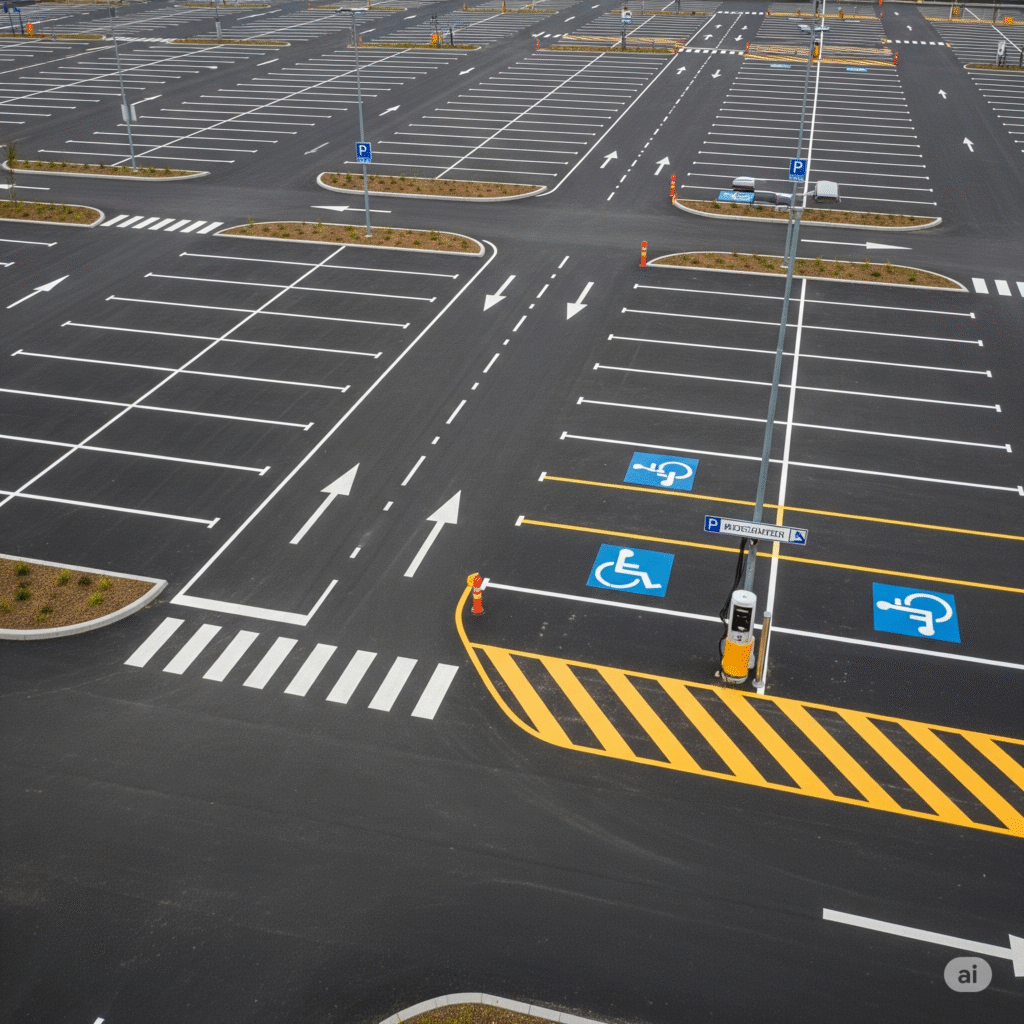Vista aérea de un estacionamiento inclusivo donde la pintura azul tráfico ha sido aplicada como ideal para señalizar zonas reservadas o accesibles.