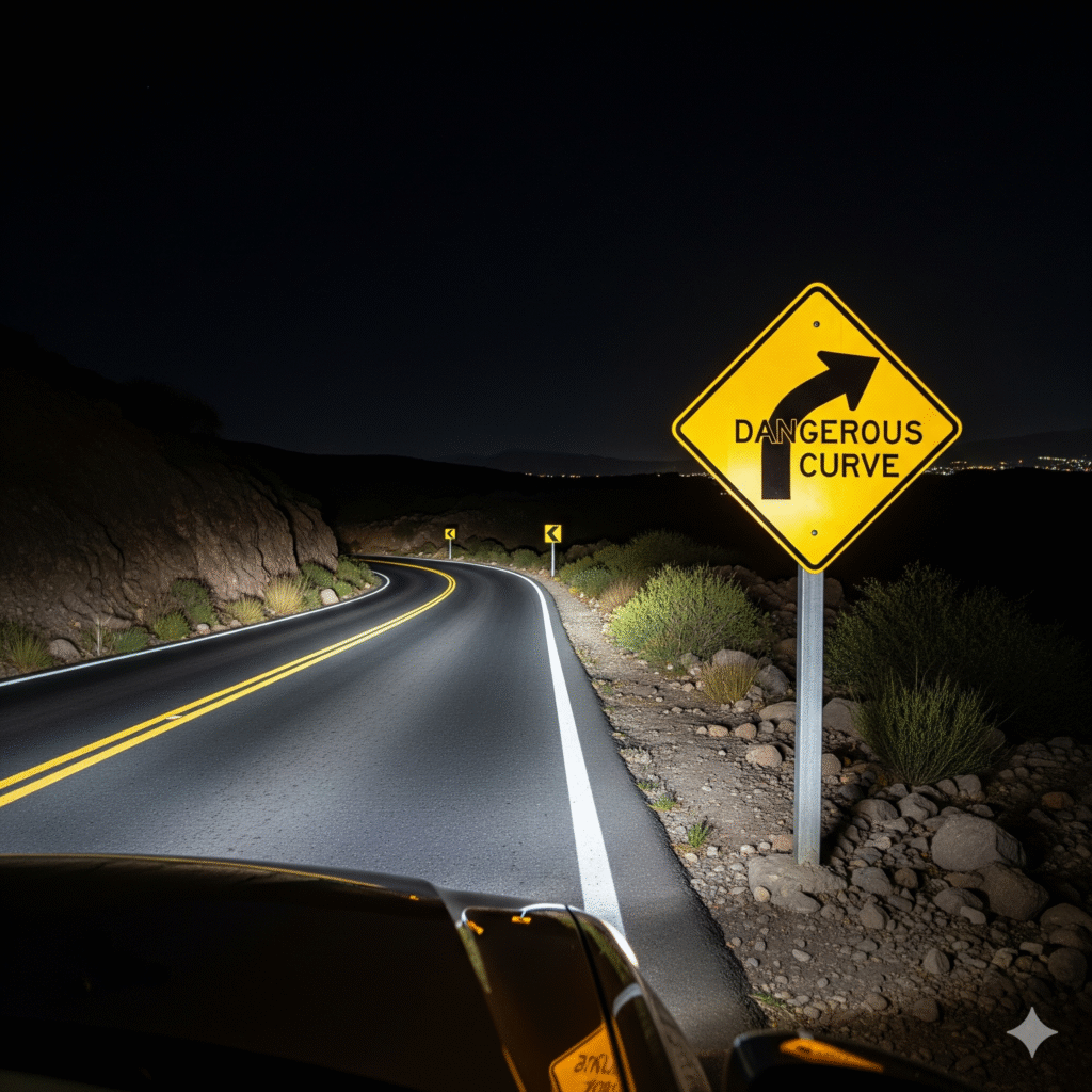 Imagen de un tramo oscuro de la Panamericana Sur cerca de Lima, donde solo una señal de advertencia P-XX con lámina retro-reflectiva Tipo III es visible claramente en la oscuridad.