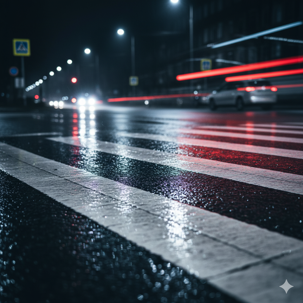 Carretera en Arequipa de noche, donde la Pintura de Tráfico Reflectiva brilla intensamente, creando un efecto de alta visibilidad