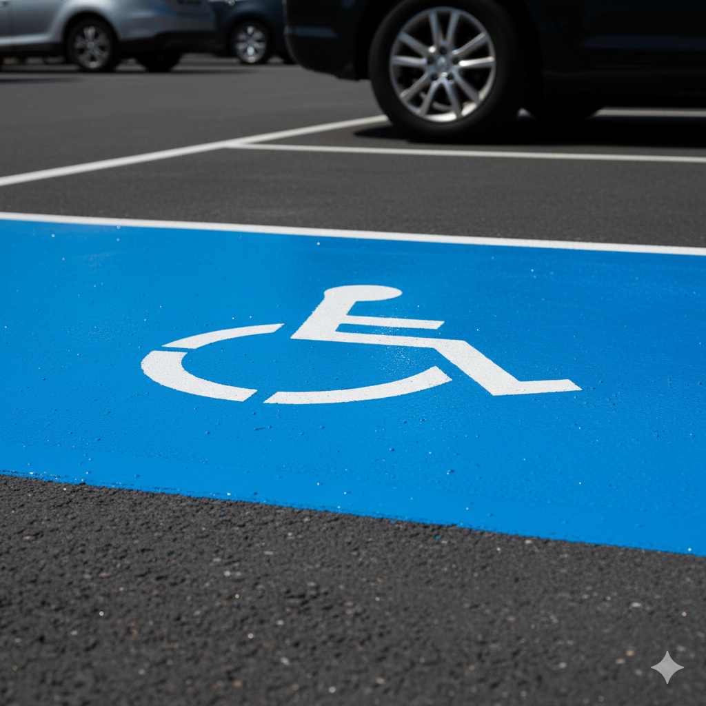 La Nueva Demarcación LÍDER: Pintura Alto Tráfico Azul. Seguridad y Estilo en Cada Trazo de su proyecto en Lima y Arequipa. 3 Primer plano de pintura alto tráfico azul en un estacionamiento reservado, mostrando el contraste y la durabilidad