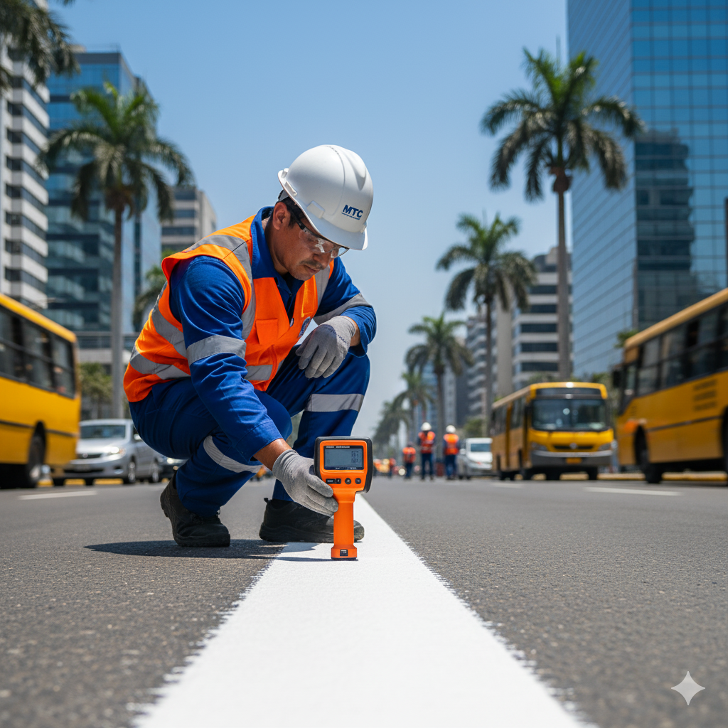 Ingenieros peruanos auditando la reflectividad de señales preventivas de tránsito