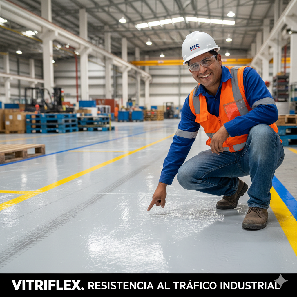 Vista de un piso industrial con pintura para tráfico pesado industrial, con líneas de seguridad y tráfico en excelente estado.