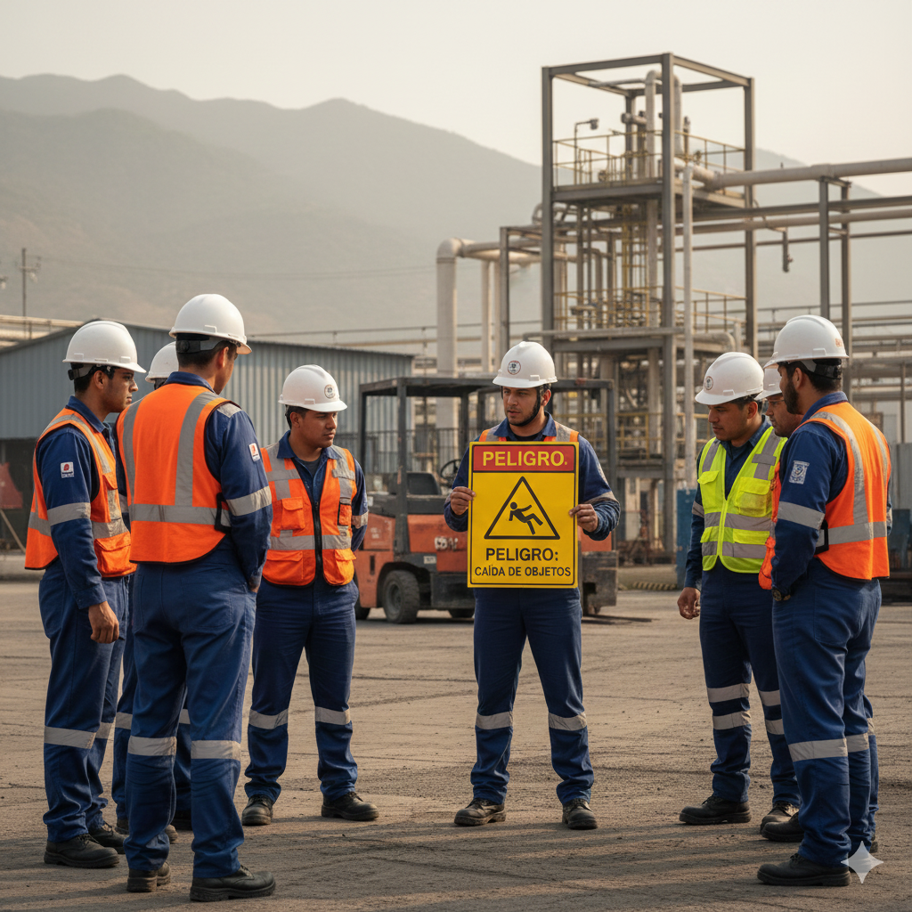 No más riesgos: La charla de 5 minutos que transforma las señales de prevención de accidentes en acciones seguras 4 Líder de seguridad revisando un cartel de seguridad industrial en una obra de Arequipa