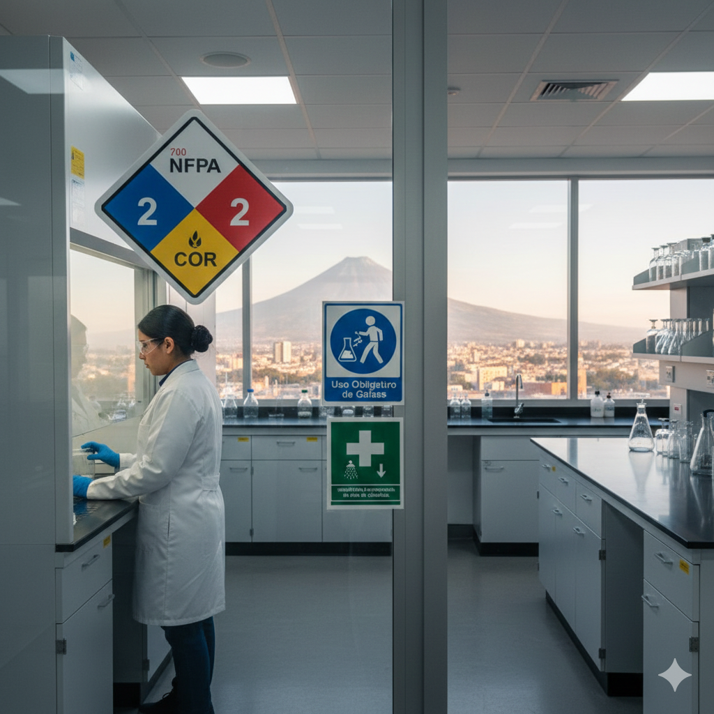 Laboratorios Seguros: La Guía Maestra de Señalización Química para Evitar Accidentes en el Perú 2 especialista en Lima instalando señales de prevención de riesgos y accidentes en el laboratorio de química con valor líder