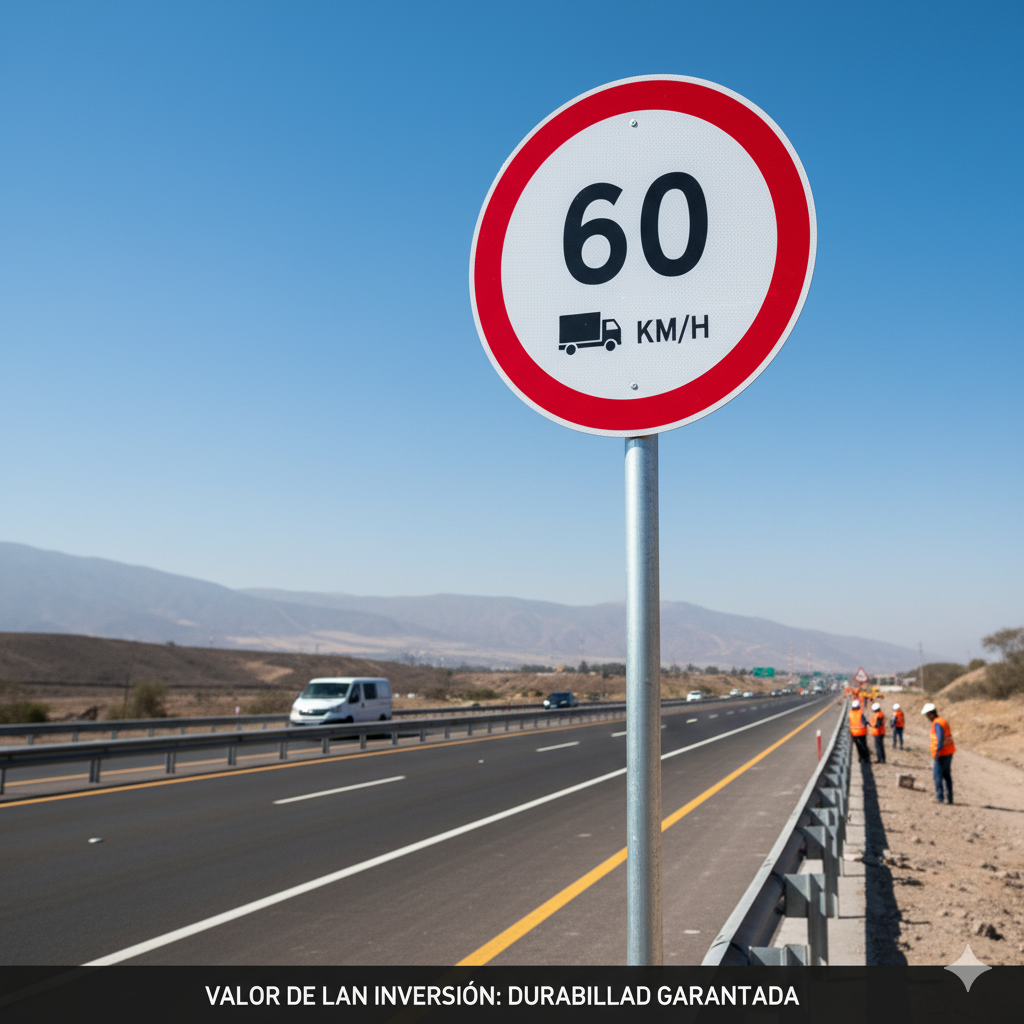 Ejemplo de una señal preventiva MTC (Curva Cerrada) instalada correctamente con poste de soporte en una carretera en Perú.