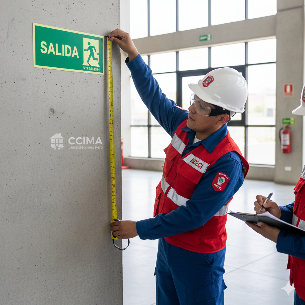 especialistas instalando señales de salvamento y evacuación en planta industrial de Lima