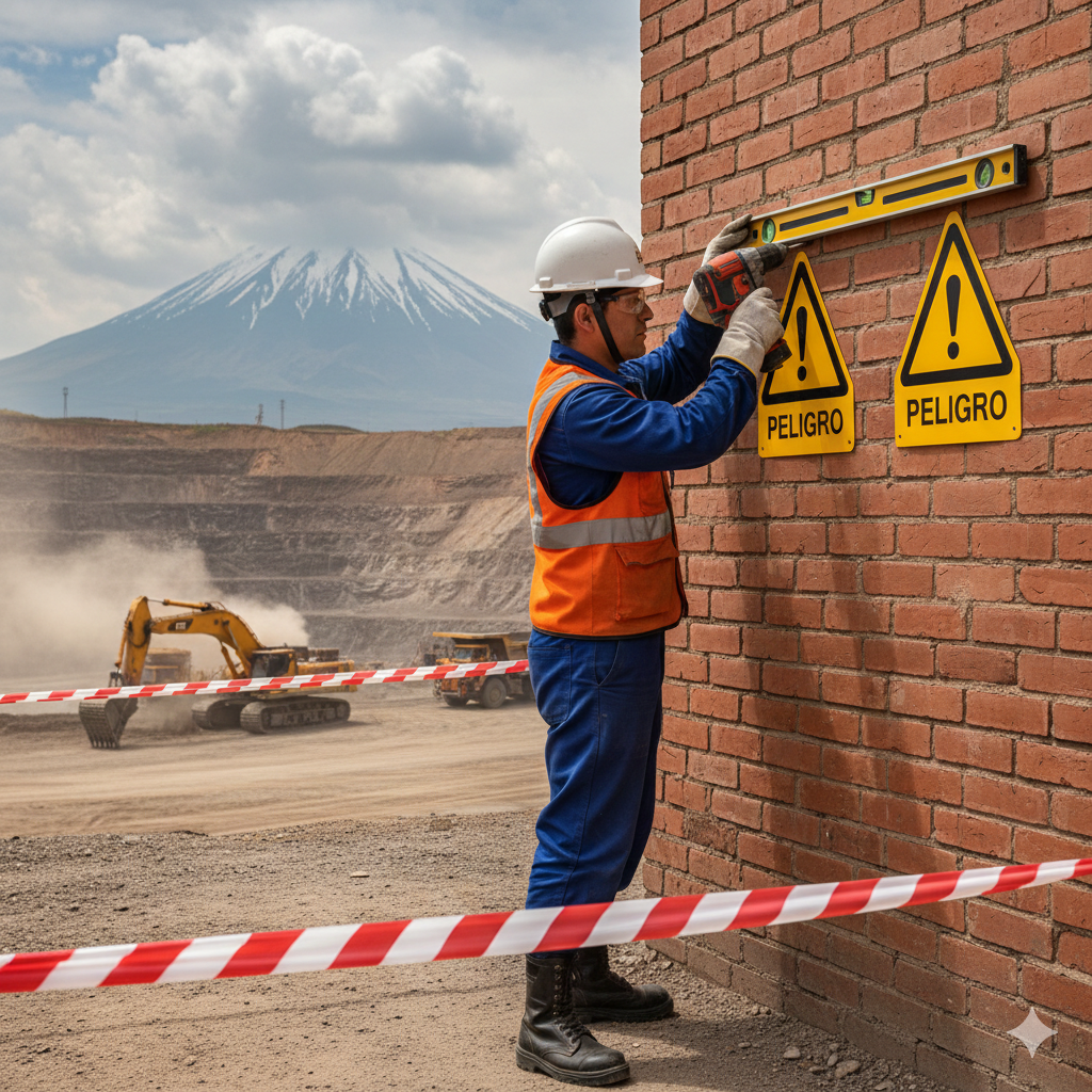 ¿Tu empresa es segura? Aprende a identificar peligros antes de que sea tarde con nuestra guía líder. 2 expertos instalando señales de peligro riesgos laborales de valor líder en una fábrica de Lima