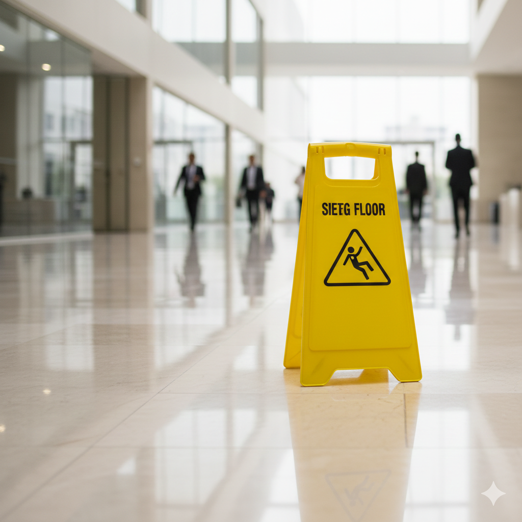 ¡No resbales! La guía definitiva sobre señales de piso húmedo que protege tu negocio en Lima y Arequipa. 2 instalación de señal de piso resbaloso en un centro comercial de Lima