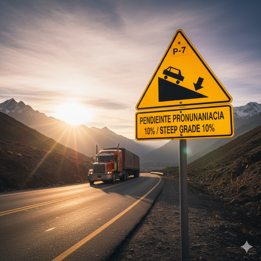 Señales de advertencia para pendientes peligrosas: Señal triangular amarilla (W-21) con el pictograma de descenso pronunciado y la placa indicando 12% de inclinación en una carretera de Arequipa.
