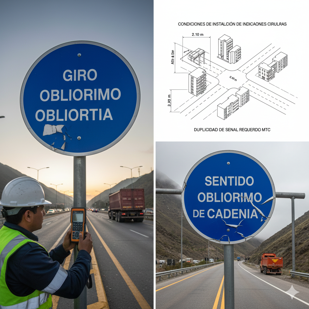 Círculo Azul: La Ley Silenciosa que Dirige su Ruta. Guía MTC de Señales de Tránsito de Obligación para Conductores LÍDERES. 4 Señales de tránsito de obligación MTC: Un diagrama técnico que muestra exactamente dónde van las señales de Obligación (altura, distancia, ángulo) en una curva, ilustrando el VALOR de la ingeniería vial MTC.