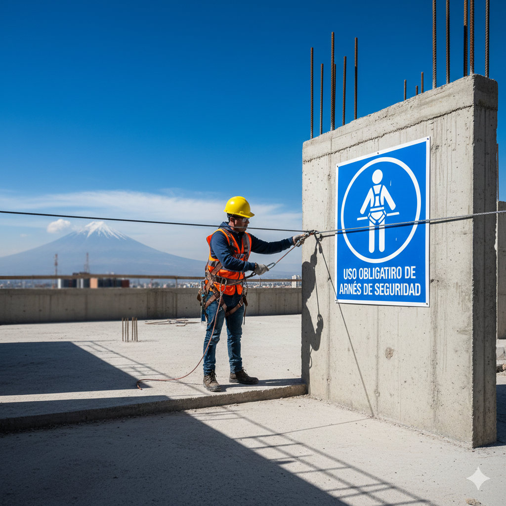 ¡VICTORIA en Seguridad! Guía Maestra para la Instalación y Formatos de Señales de Obligación en el Trabajo 4 Señales de obligación en el trabajo: Un equipo de seguridad industrial realizando una auditoría en una zona de construcción en Arequipa, revisando la correcta instalación y visibilidad de las señales de obligación.