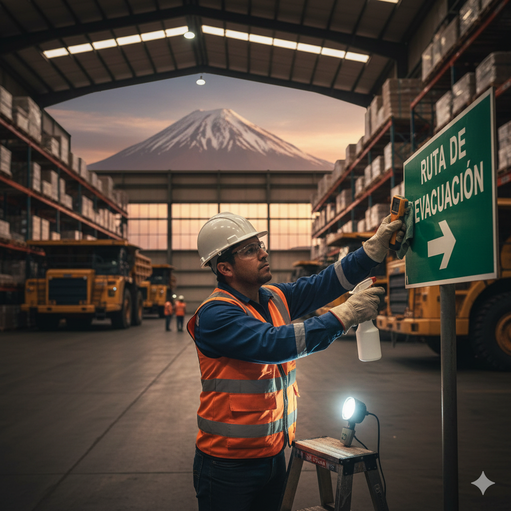 ¿Tus flechas guían hacia la vida o hacia el caos? Descubre el estándar técnico de evacuación. 3 Señalética con flechas rutas de evacuación de grado fotoluminiscente en mina de Arequipa