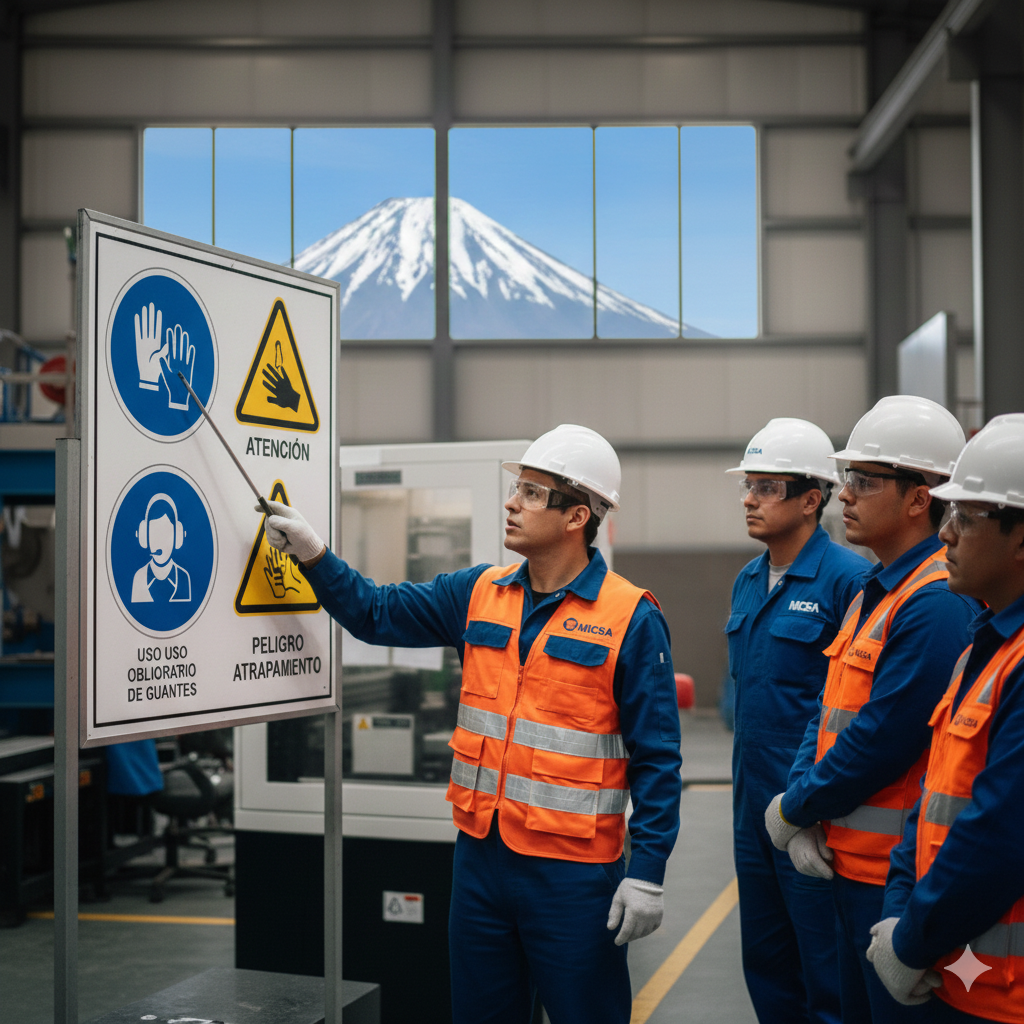 supervisor en Lima explicando señales de prevencion ejemplos con valor líder en planta industrial