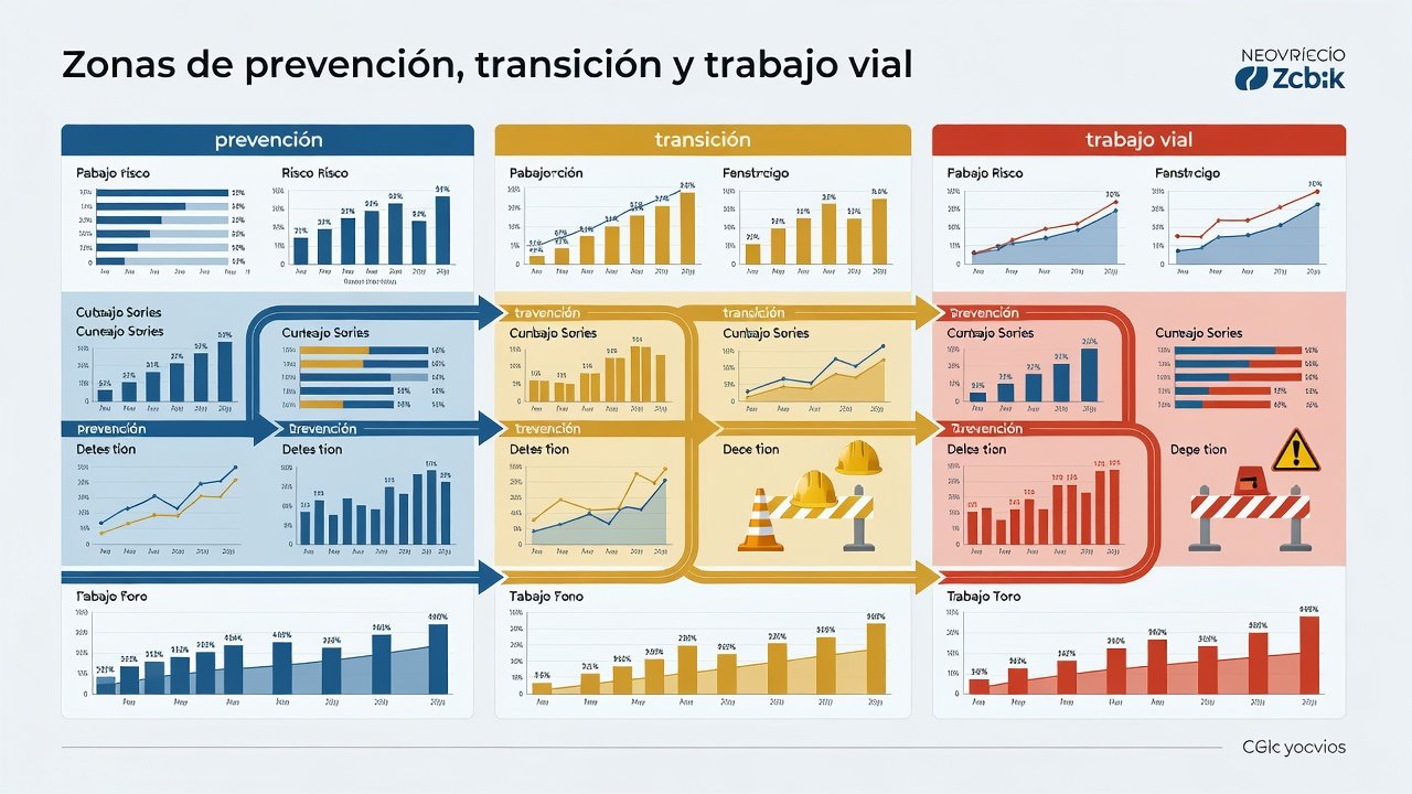 Zonas de prevención transición y trabajo vial: Infografía informativa