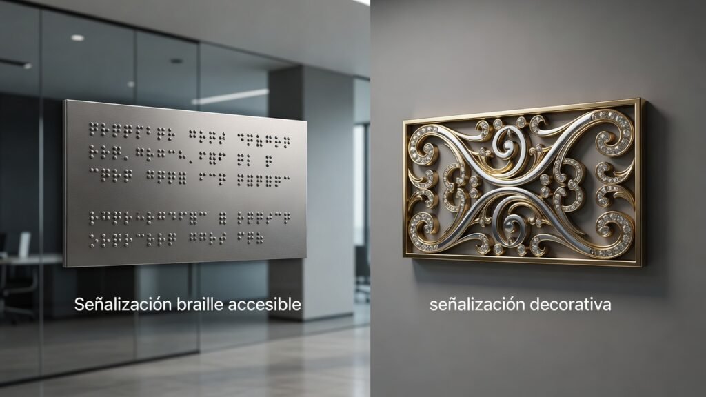 Señalización braille accesible vs señalización decorativa