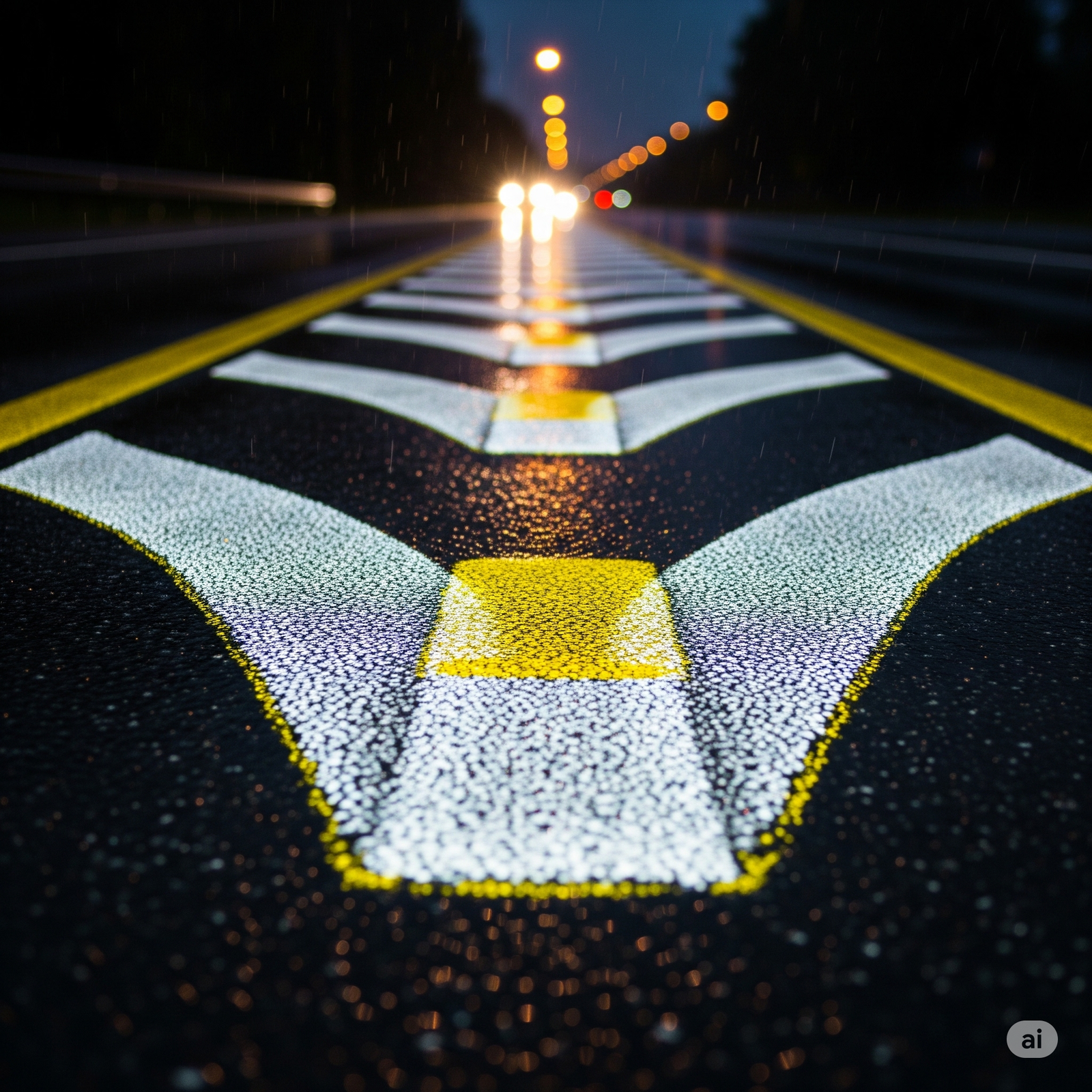 Detalle de microesferas reflectivas en una señalización vial brillando de noche.