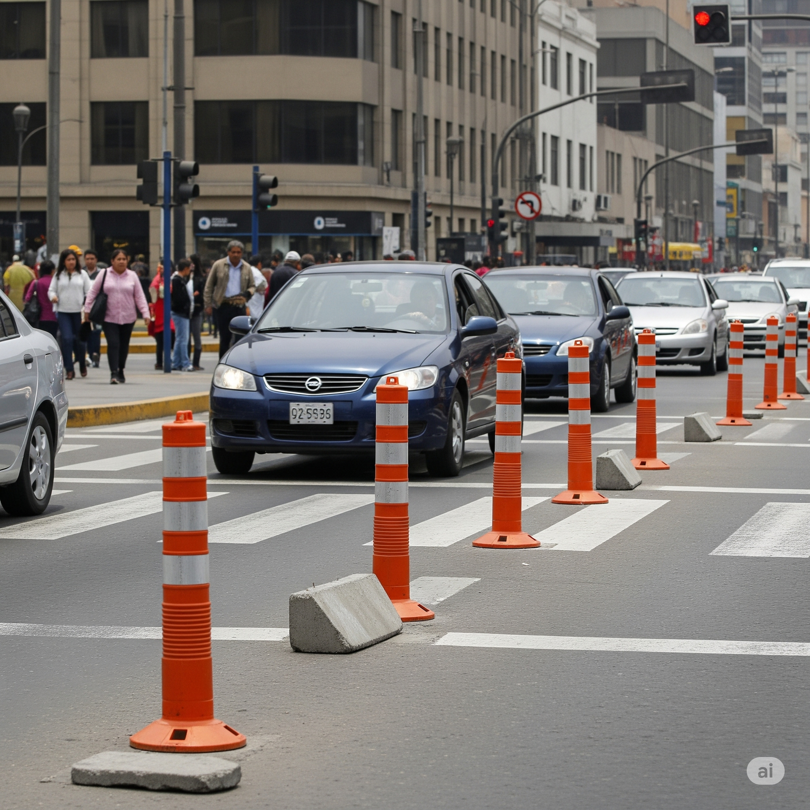 Tachones de PVC instalados en el asfalto de una avenida urbana de Lima