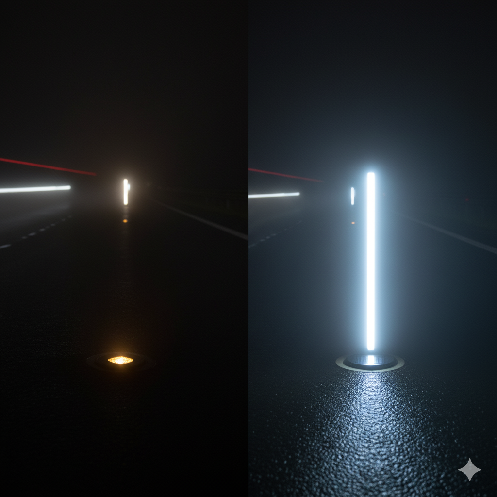 Deja de Usar Ojos de Gato Pasivos: Por Qué el Captafaro Inteligente Es 10 Veces Más Seguro en la Noche 1 captafaros inteligentes seguridad activa ccimasenalizaciones peru