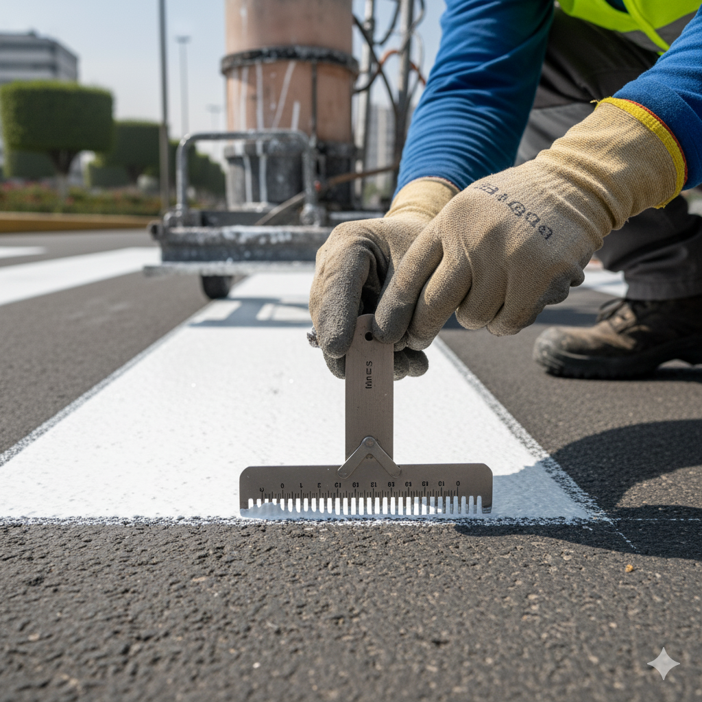 Guía LÍDER 2025: Pintura Señalización Vial – La Clave para Elegir el Producto Correcto. Recuerde, Cada Trazo Comunica Seguridad en Lima y Arequipa. 2 Un equipo midiendo la aplicación de pintura señalización vial termoplástica en una carretera de Arequipa