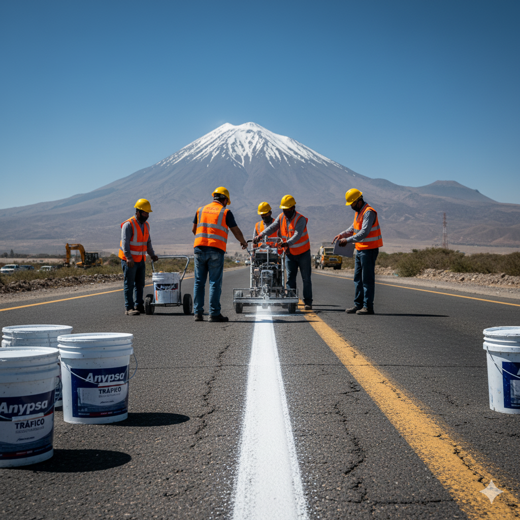 Reconocimiento Nacional: Pintura tráfico Anypsa y la Calidad peruana certificada para señalización profesional en Lima y Arequipa. 3 Una línea de demarcación vial recién aplicada con pintura tráfico Anypsa en una calle de Arequipa, simbolizando la Calidad peruana certificada para señalización profesional.
