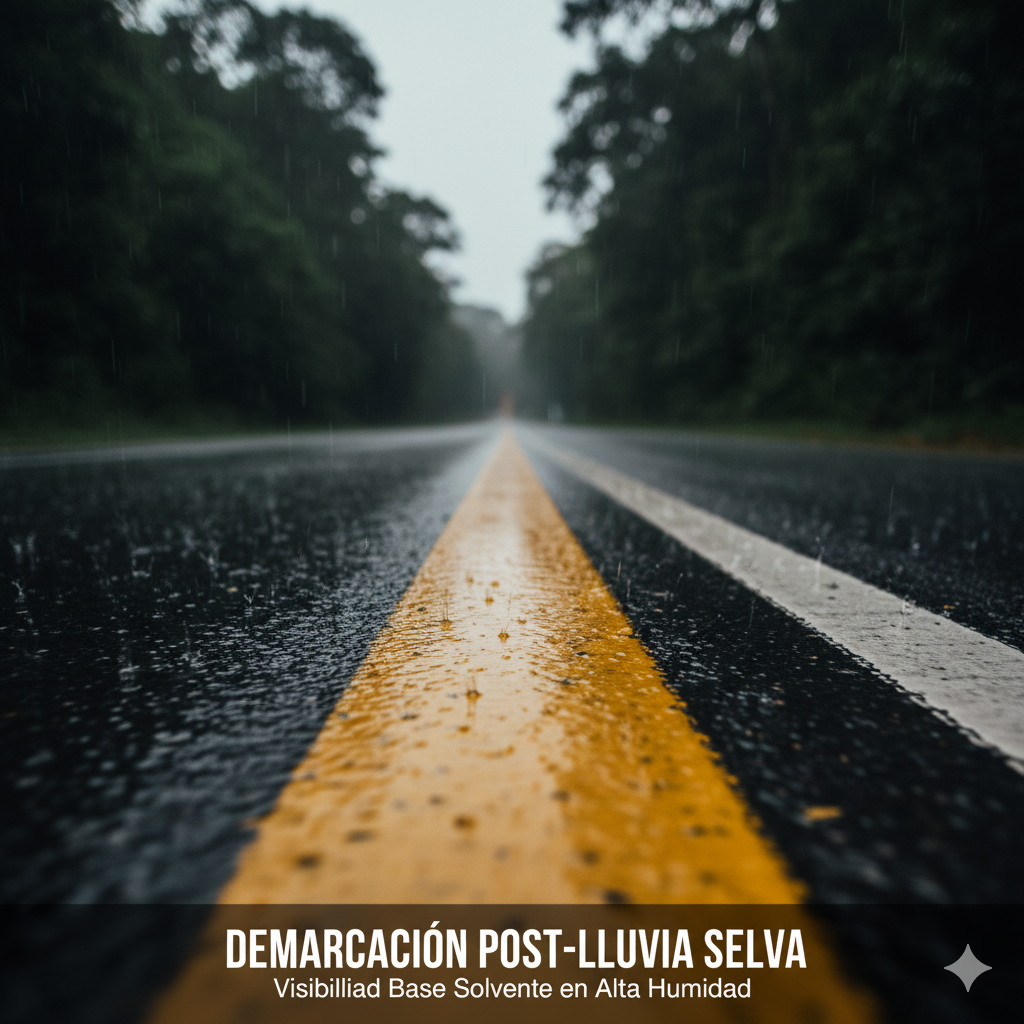 La Batalla Contra la Lluvia: El Secreto Químico de la Pintura Base Solvente para la Demarcación en la Amazonía. 1 pintura base solvente carreteras amazonia ccimasenalizaciones peru