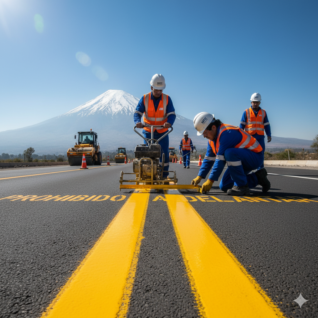 Sintevial Amarillo: La Fórmula Líder que Garantiza la Durabilidad en Vías Costeras y Rurales de Perú 3 Un trabajador vial en Arequipa aplicando pintura Sintevial amarillo en un entorno rural de alto contraste.