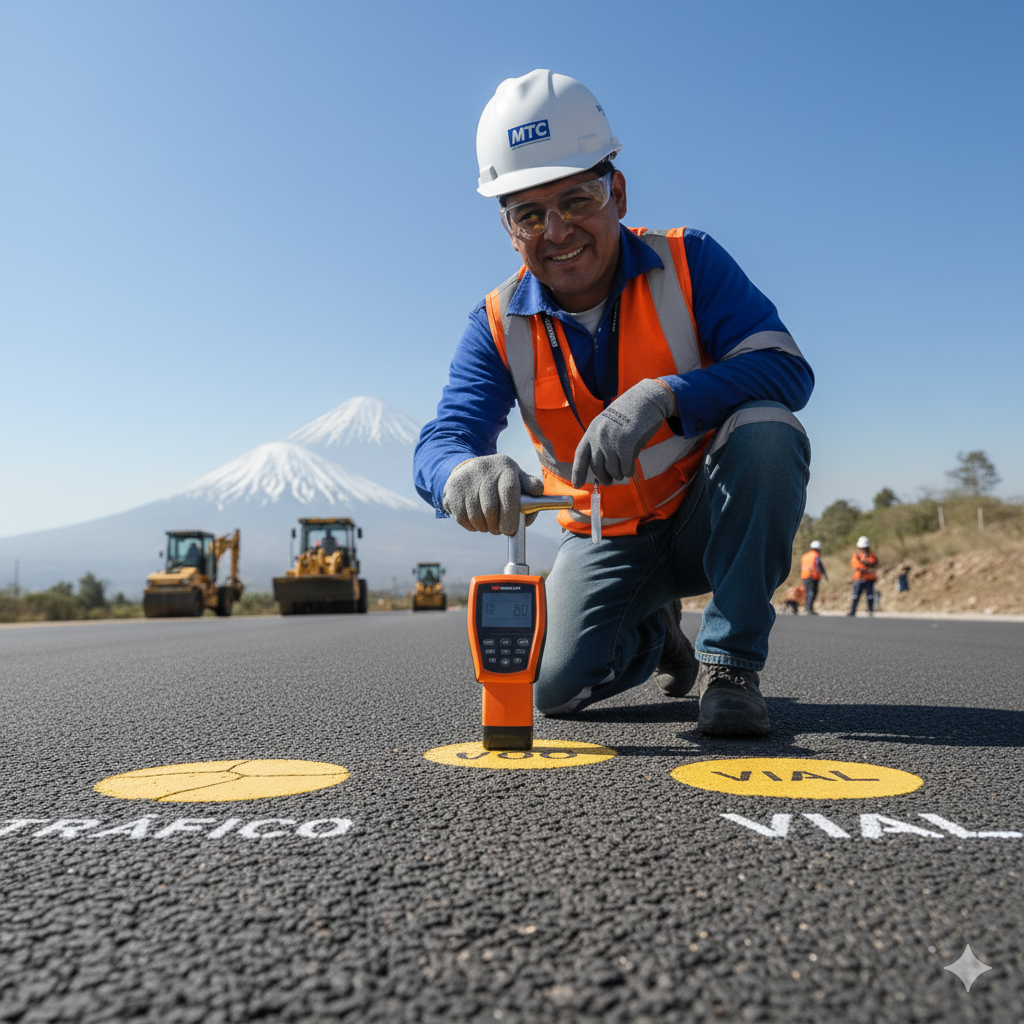 La Nueva Era de la Demarcación: Pintura vial en frío – Aplicación sin calor, rápida y segura para ciudades modernas como Lima y Arequipa. 5 Un contratista LÍDER en Lima comparando un termómetro con un bote de pintura vial en frío, enfatizando la innovación ecológica y el VALOR.
