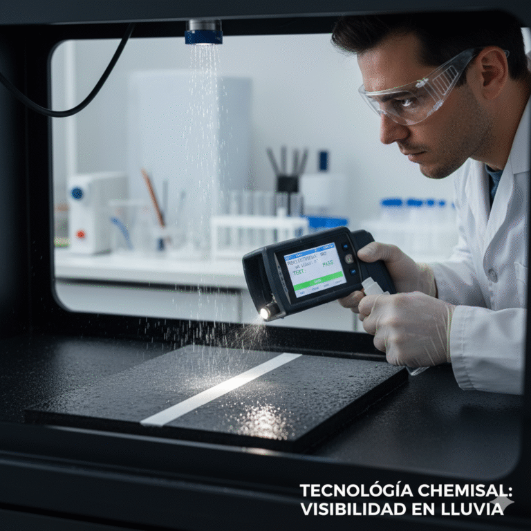 Un científico en un laboratorio vial probando la retroreflectividad de una muestra de pintura reflectiva para carreteras bajo simulación de lluvia.