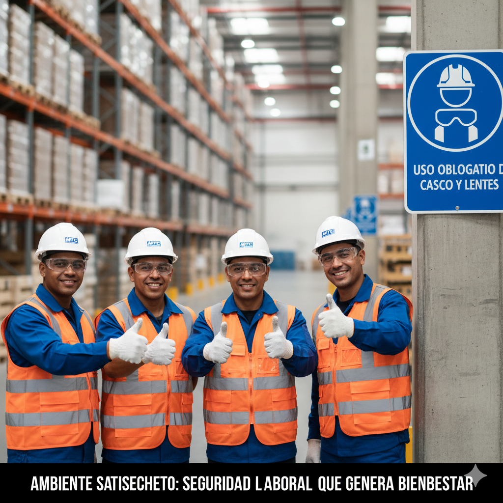 Señales de obligación en el trabajo normas básicas: Un trabajador LÍDER en un almacén de Lima usando su EPP mientras pasa por una señal M005 de protección ocular, demostrando el cumplimiento Satisfecho.