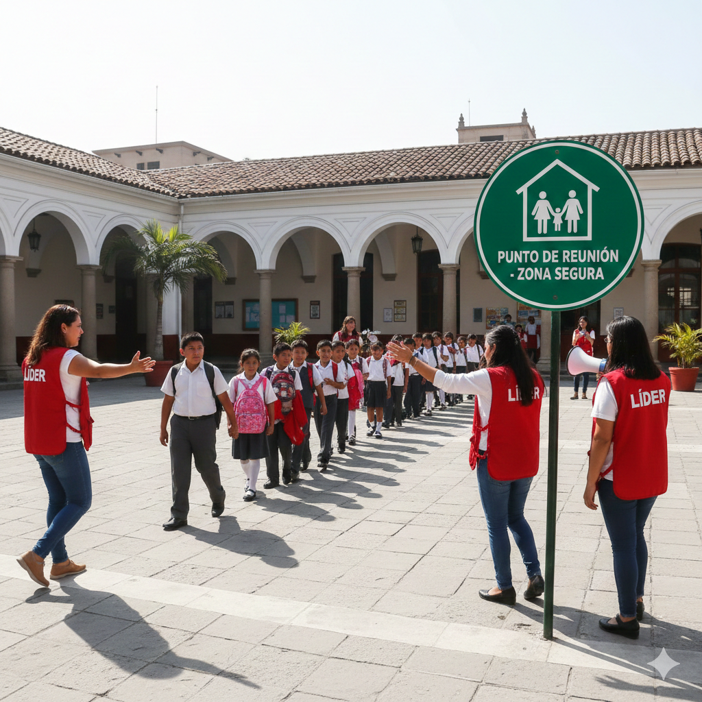 Colegios a Prueba de Accidentes: Guía Completa de Señalización para Proteger Estudiantes. 2 brigada escolar en Lima enseñando señales de prevención en el colegio para estudiantes con valor líder