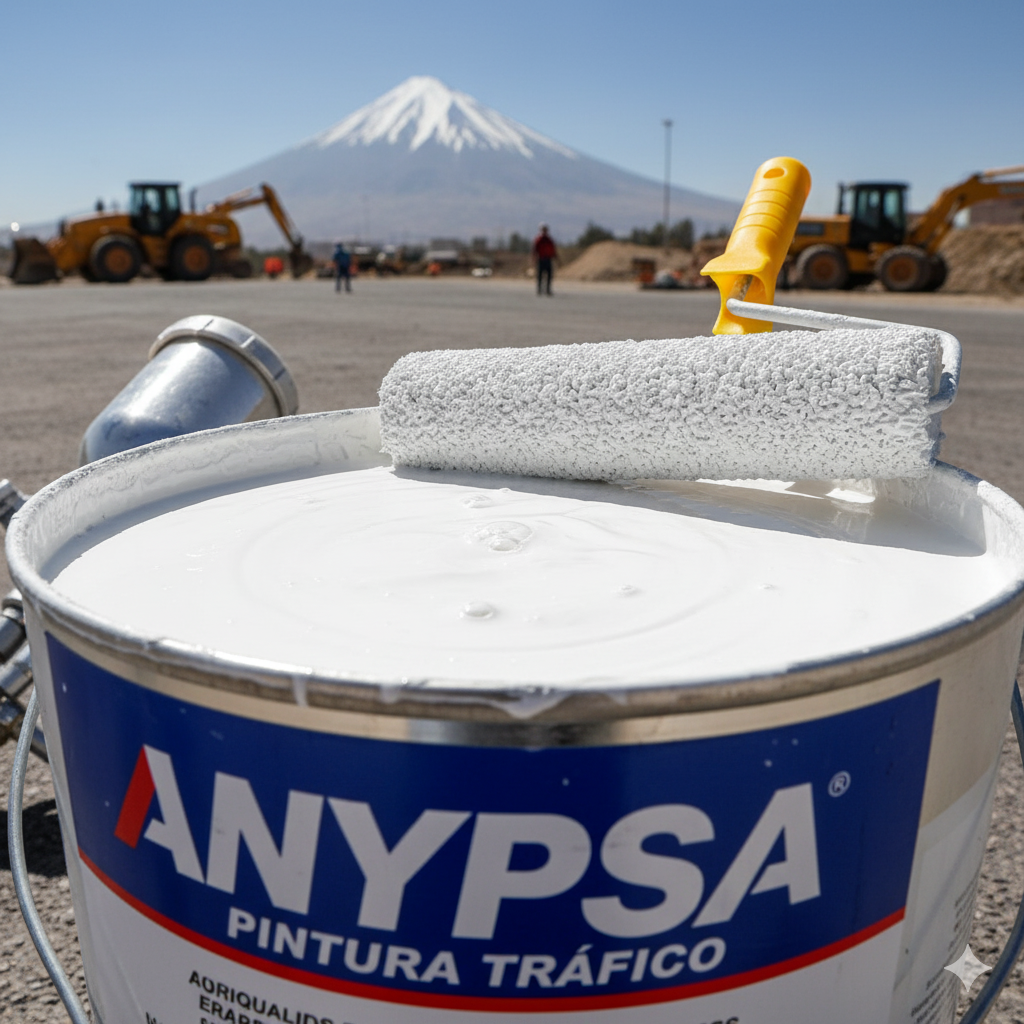 Fórmulas de Ahorro Inteligente: Cómo el Formato Industrial Multiplica el VALOR de tu Pintura Vial. 2 Pila de tinetas de pintura alto tráfico de 5 galones en un almacén, con un contratista de obra revisando el inventario.