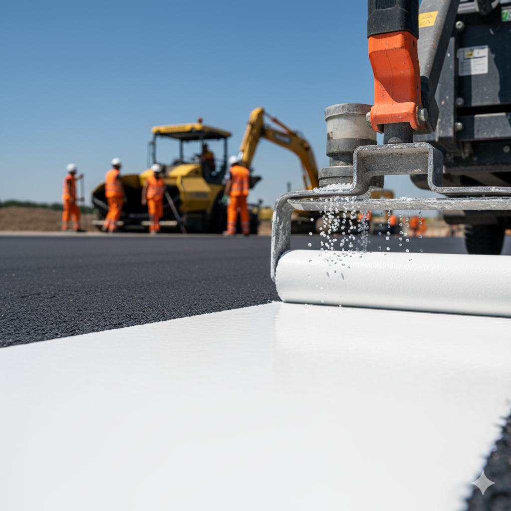 El Recubrimiento Invisible: Por Qué la Demarcación Vial es la Mayor Inversión en Seguridad para Lima y Arequipa. 2 Técnico aplicando pintura de tráfico blanca en una carretera recién asfaltada, enfocándose en la alta visibilidad y seguridad.