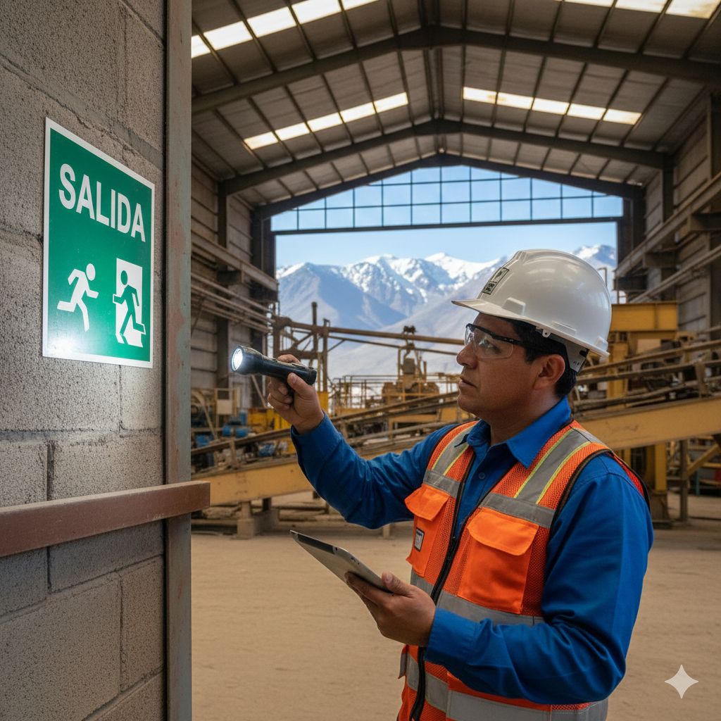 ¿Tu empresa pasaría una inspección de INDECI? La guía completa para auditar tu señalización de evacuación. 4 Ingeniero jefe realizando una auditoría de señalización de evacuación normativa con equipos de medición en Lima