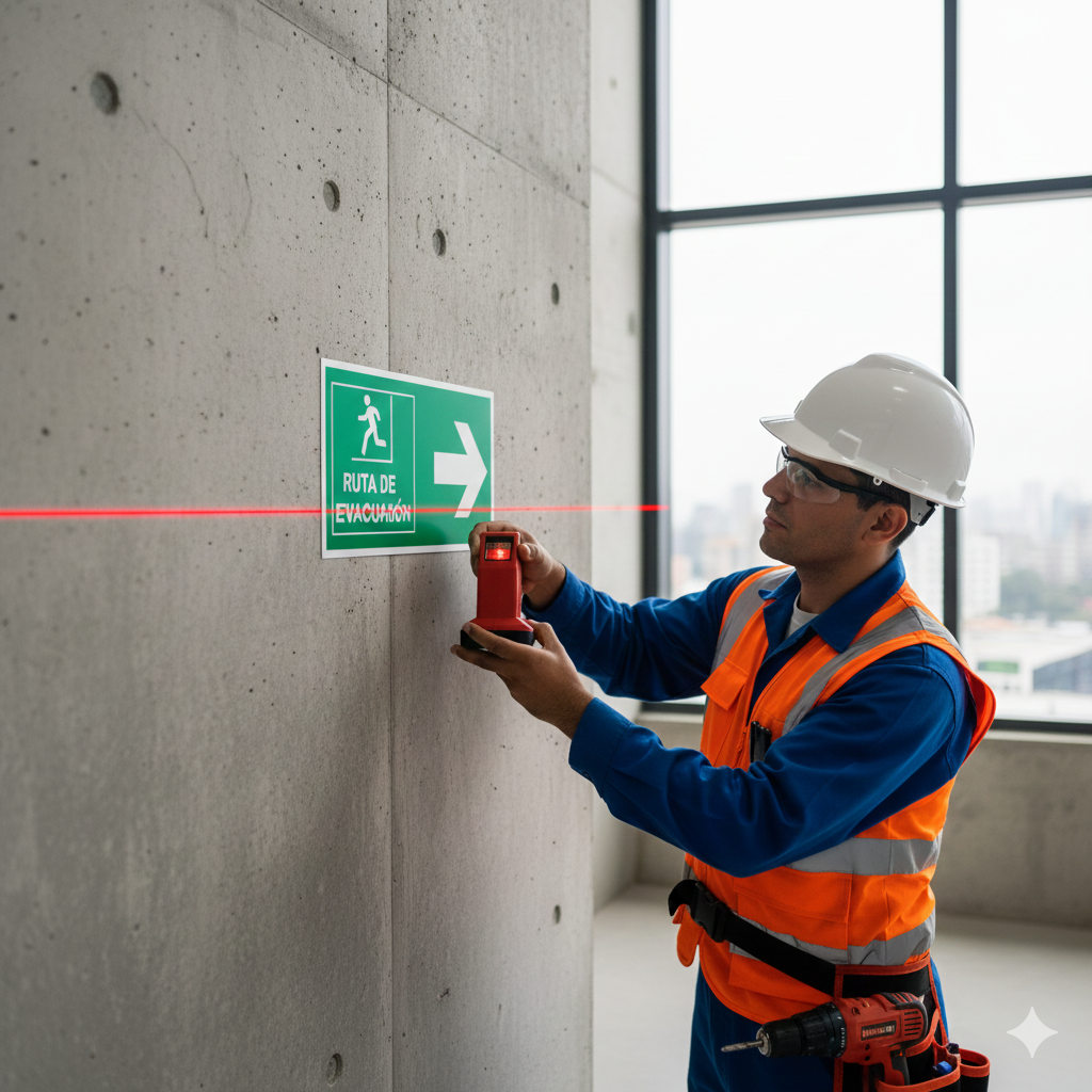 Instalación técnica de flechas rutas de evacuación en almacén logístico de Lima