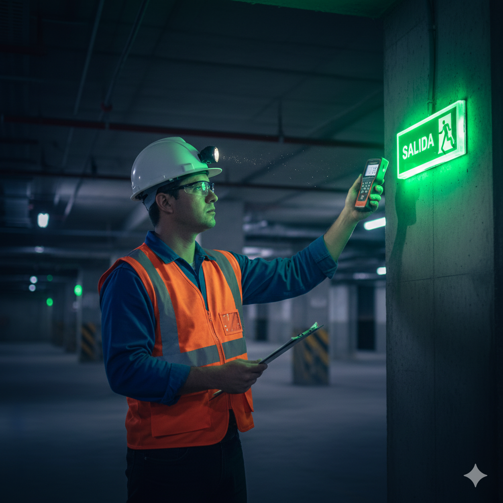 Detalle de flechas rutas de evacuación en escalera de emergencia técnica