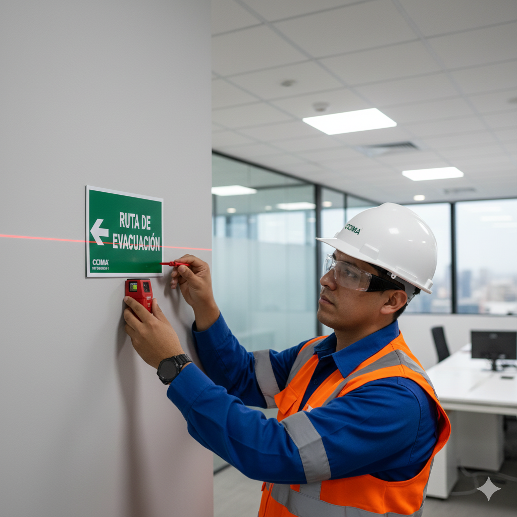 Auditoría técnica de señalización de evacuación para hoteles verificando rutas de salida en centro de convenciones de Lima