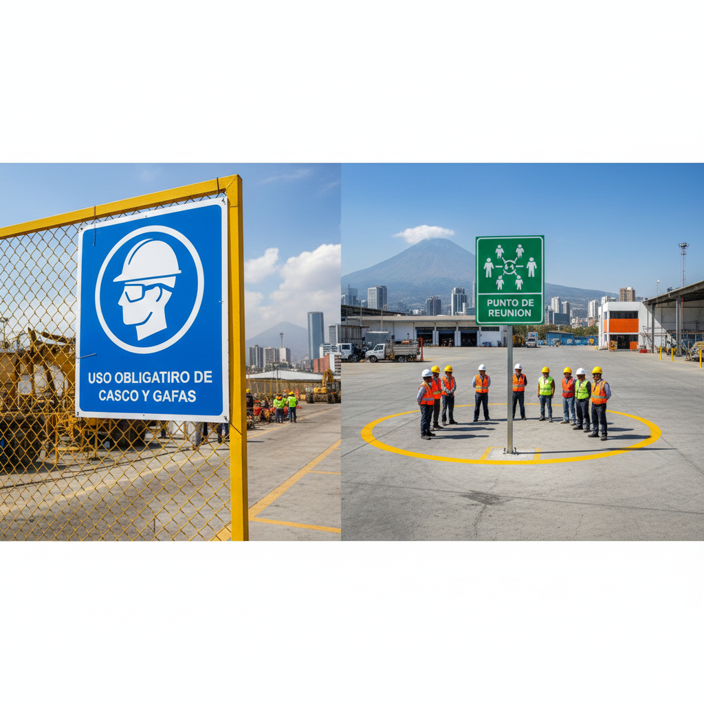 El Código Azul de la Logística: Cómo las Señales de Obligación en un Almacén Convierten a los Operadores en un LÍDER Satisfecho. 4 Pictogramas de obligación para operadores de almacén: Un cartel compuesto que muestra múltiples señales de obligación (M001 Casco, M014 Chaleco, M034 Vía Peatonal) en la entrada de un centro de distribución, sirviendo como Guía de señalización de obligación para almacén.