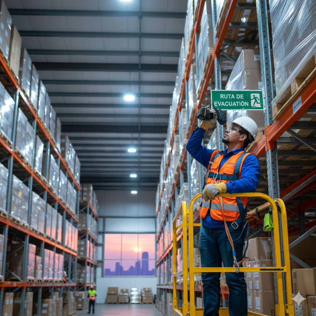 especialista en Lima instalando letreros de prevencion en un almacén logístico líder siguiendo normas de valor