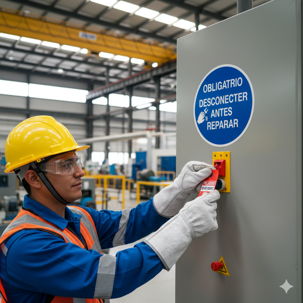 La Lista Definitiva: Las Señales de Obligación que tu Empresa en Perú Debe Instalar 4 Un supervisor de seguridad en una mina cerca de Arequipa (casco y chaleco) señalando un pictograma de mandato laboral de Uso Obligatorio de Protección Auditiva.