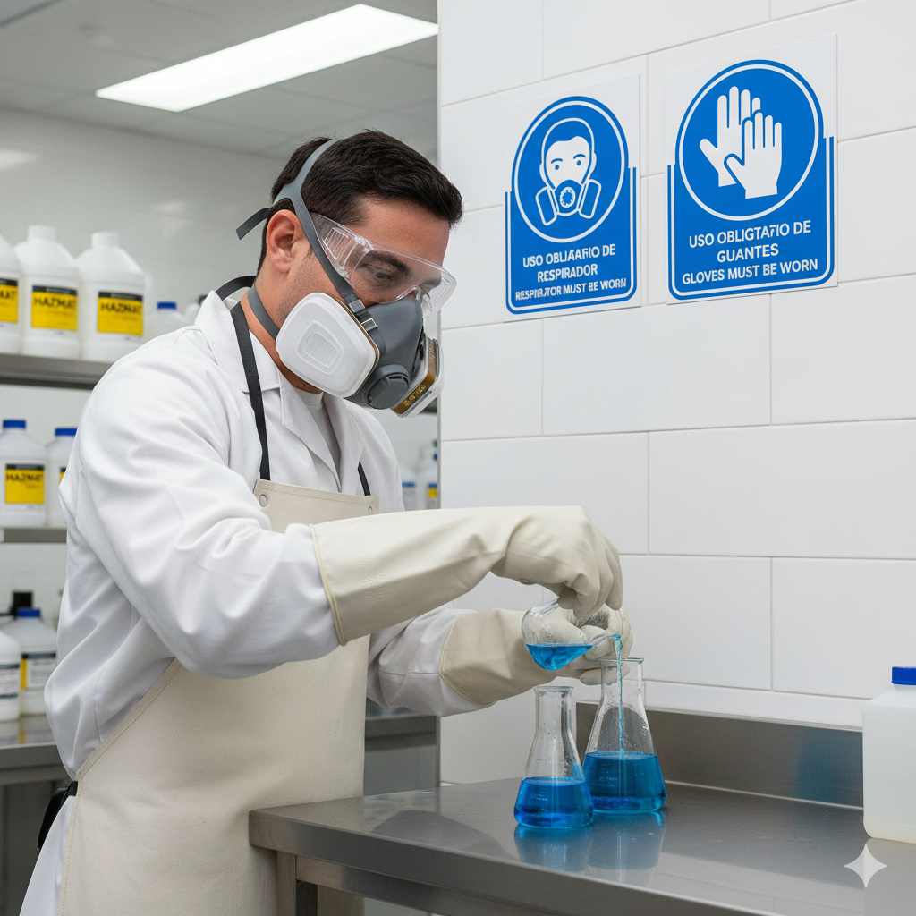 Guía Visual Completa: Domine la Simbología Obligatoria y el VALOR de las Señales de Seguridad en su Laboratorio 3 Señales de obligación en laboratorio: Botella de reactivo junto a un cartel de Uso Obligatorio de Guantes y Gafas.