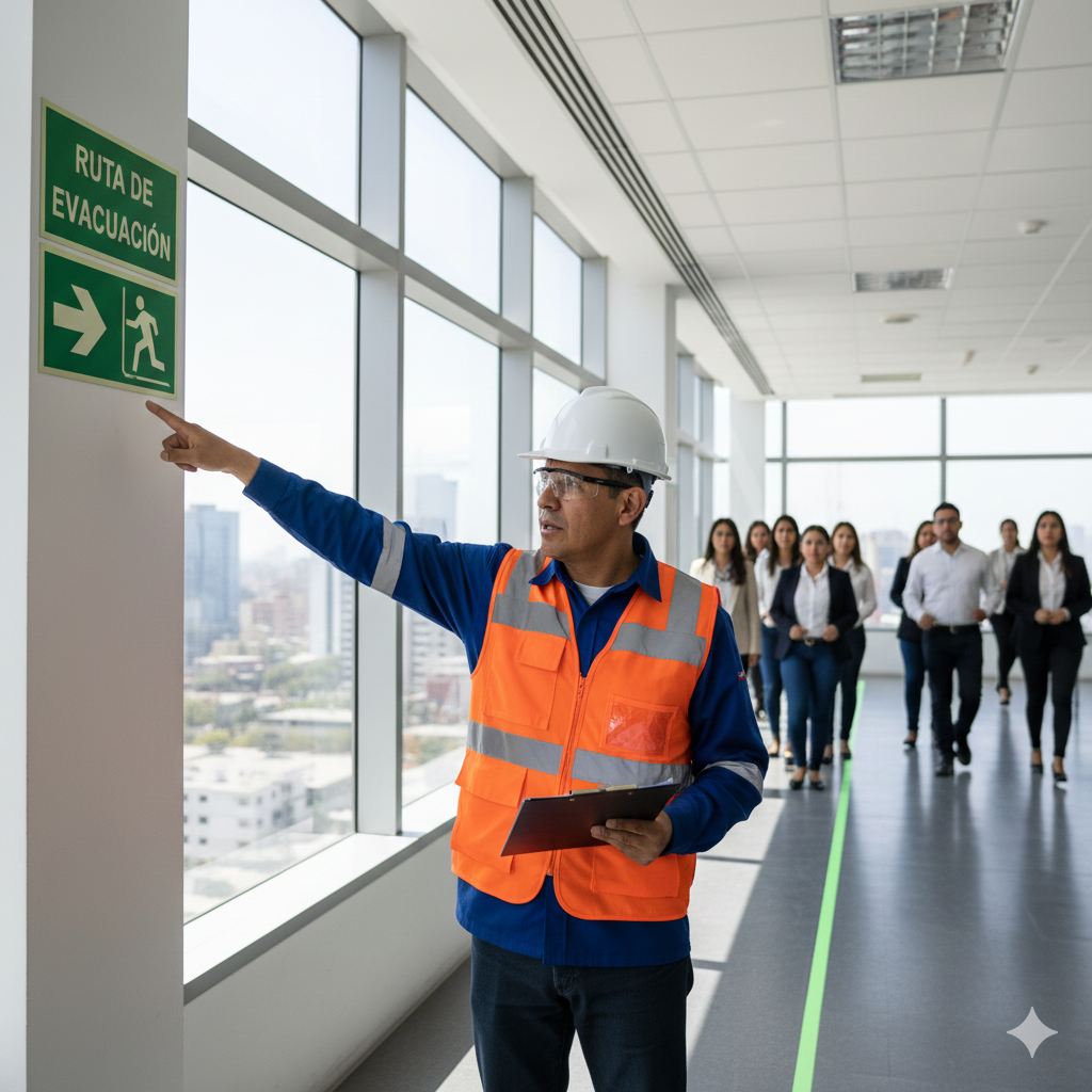 Instalación profesional de flechas de evacuación en una planta industrial de Lima