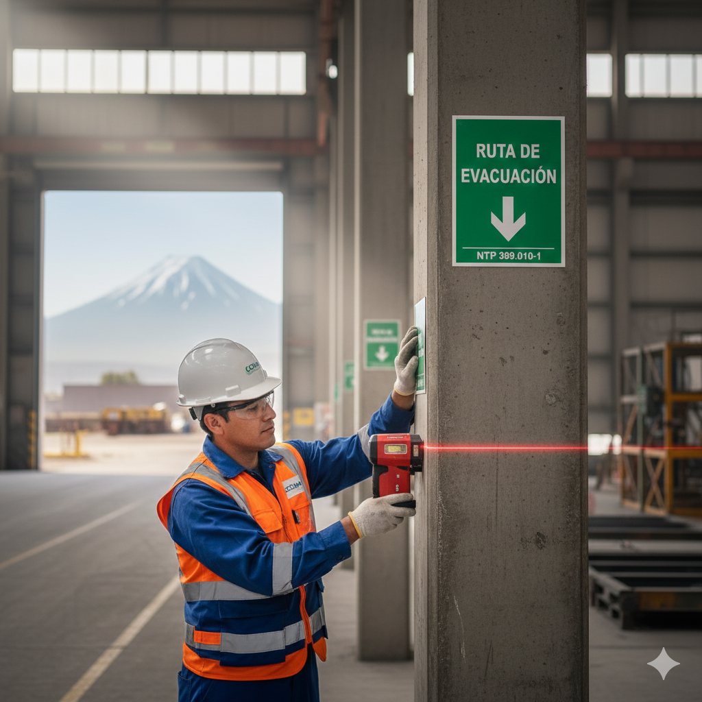 ¿Tus letreros hablan o callan? La guía visual para evitar riesgos en el trabajo. 4 operario en Lima verificando letreros de precaucion para asegurar la felicidad y victoria en su jornada de valor líder