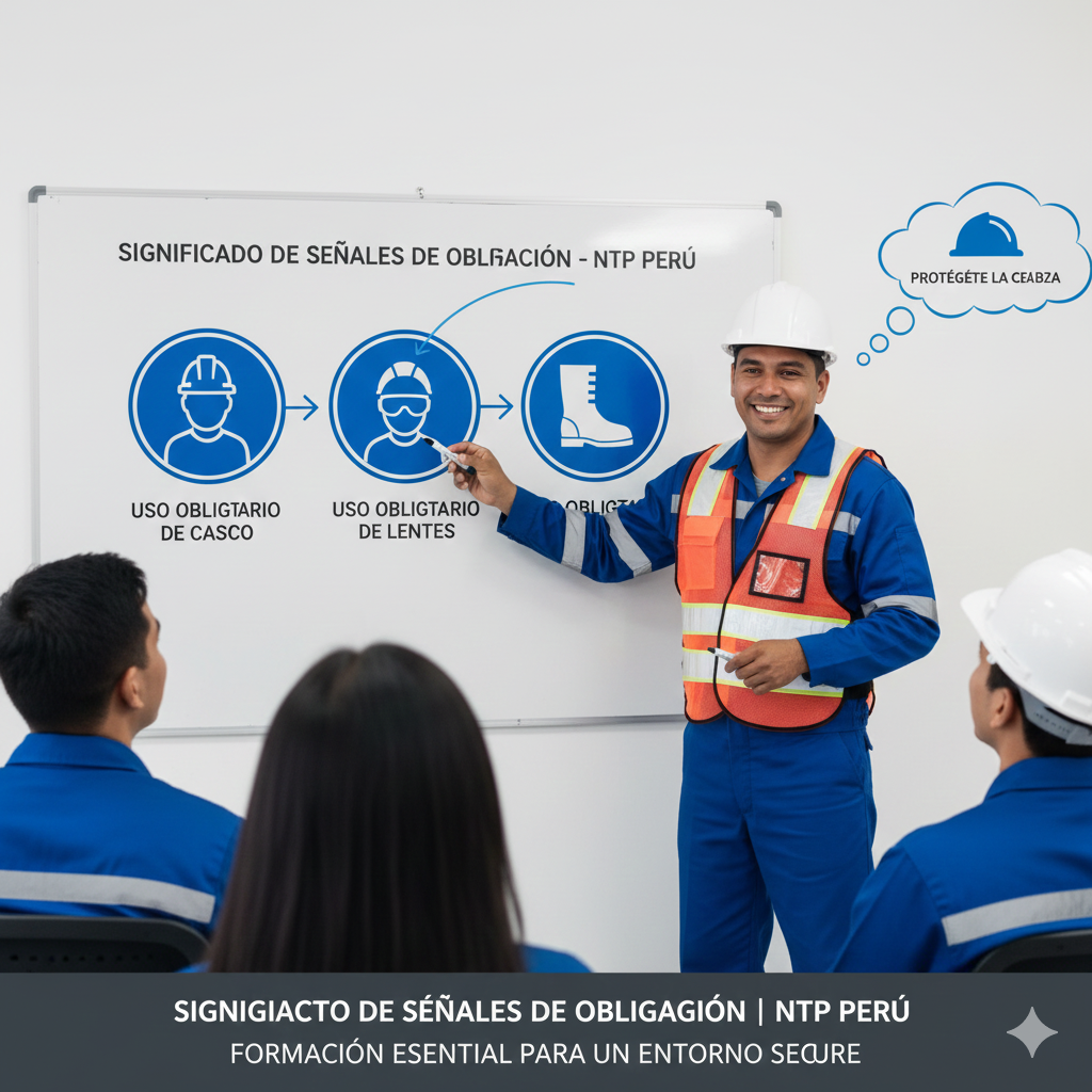 ¡VICTORIA en Seguridad! Guía Maestra para la Instalación y Formatos de Señales de Obligación en el Trabajo 2 Señales de obligación en el trabajo: Trabajadores en una planta industrial de Lima, usando cascos y equipo de protección, pasando junto a una señal circular azul de 'Uso Obligatorio de Casco'.